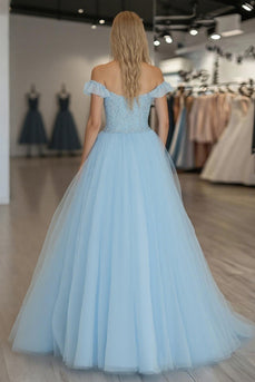 Sky Blue A Line Tulle Off the Shoulder Floor Length Prom Dress