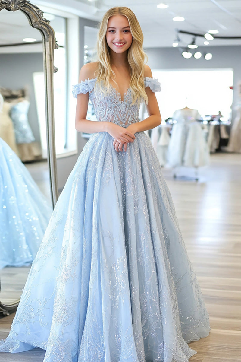 Load image into Gallery viewer, Glitter Sky Blue A Line Sweetheart Long Prom Dress