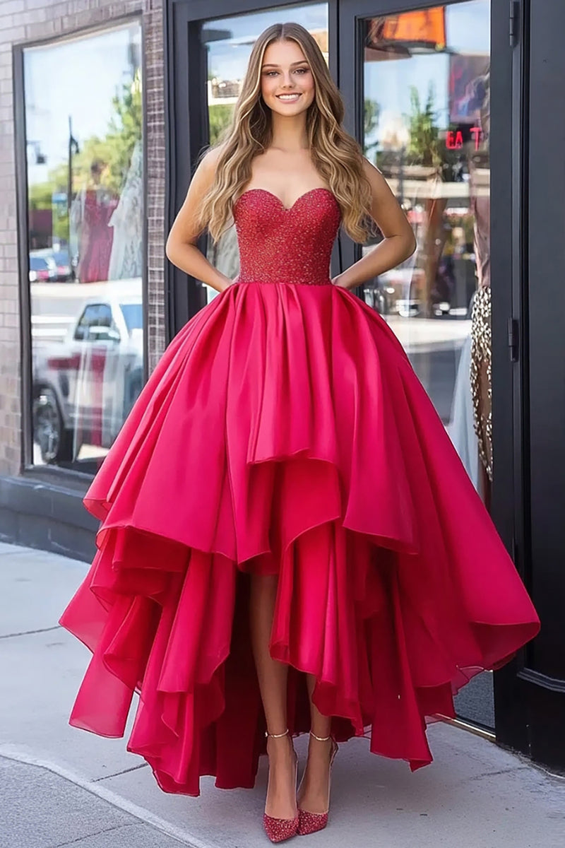 Load image into Gallery viewer, Red Taffeta Tiered Strapless High-Low Prom Dress