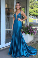 Load image into Gallery viewer, Peacock Mermaid Satin V-Neck Long Prom Dress