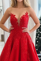 Load image into Gallery viewer, Red A Line Strapless Satin Long Prom Dress with Lace