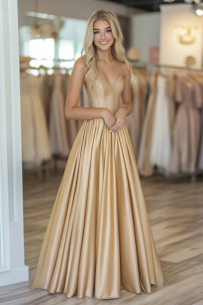 Load image into Gallery viewer, Gold Sweetheart Satin A Line Long Prom Dress with Beading