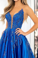 Load image into Gallery viewer, Royal Blue Ball Gown Satin Prom Dress with Lace Appliques