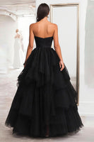 Load image into Gallery viewer, Black Tulle Tiered Strapless Floor Length Prom Dress