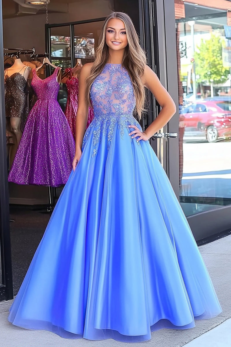 Load image into Gallery viewer, Ball Gown Blue Tulle Floor Length Prom Dress with Lace Appliques