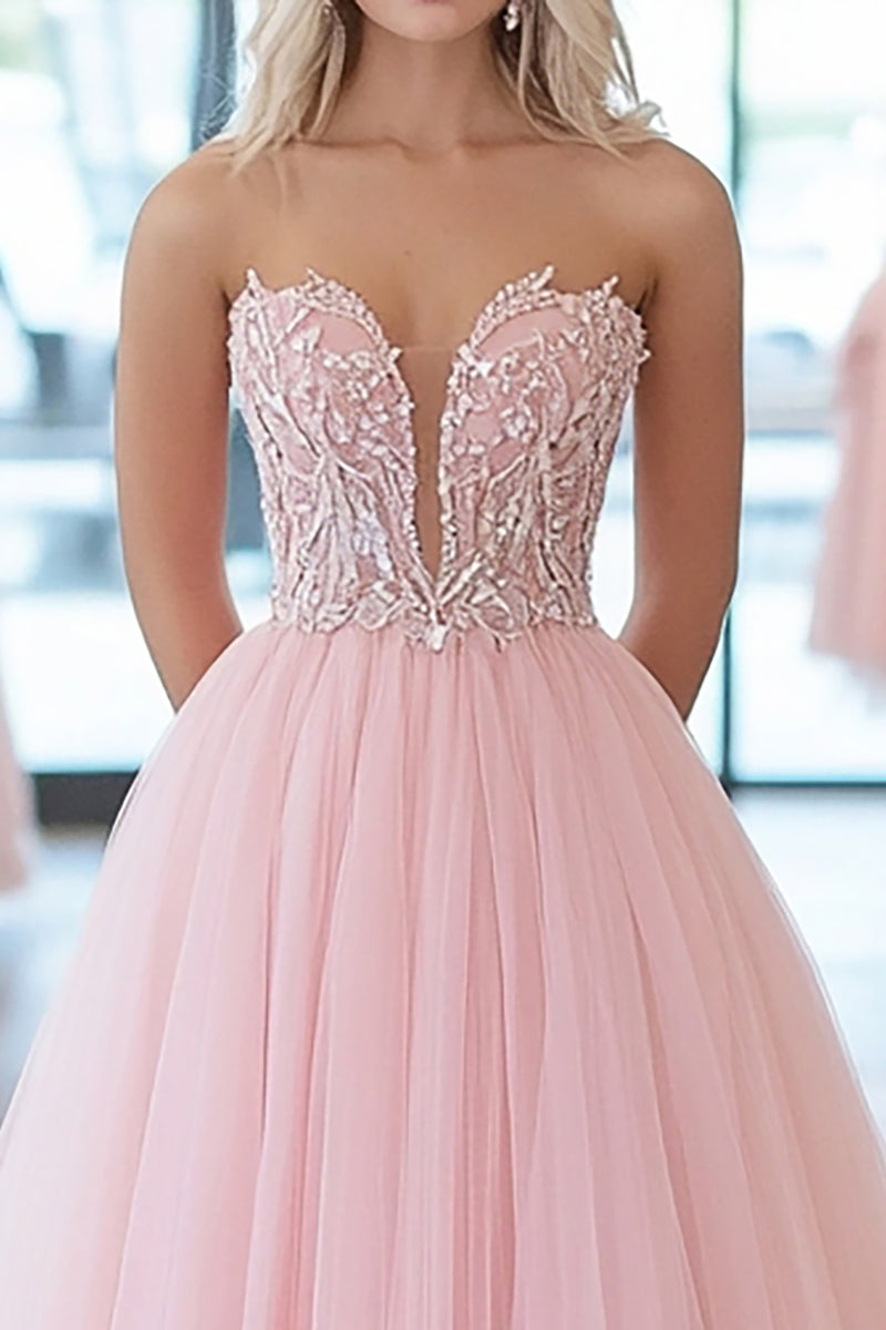 Evening Formal Gown Light Pink Tulle Corset Bodycon Floor-Length Dress