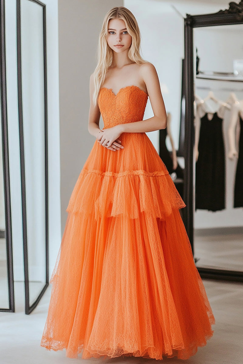 Load image into Gallery viewer, A Line Lace Orange Sweetheart Tiered Long Prom Dress