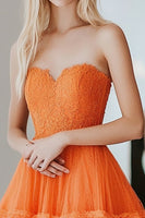 Load image into Gallery viewer, A Line Lace Orange Sweetheart Tiered Long Prom Dress