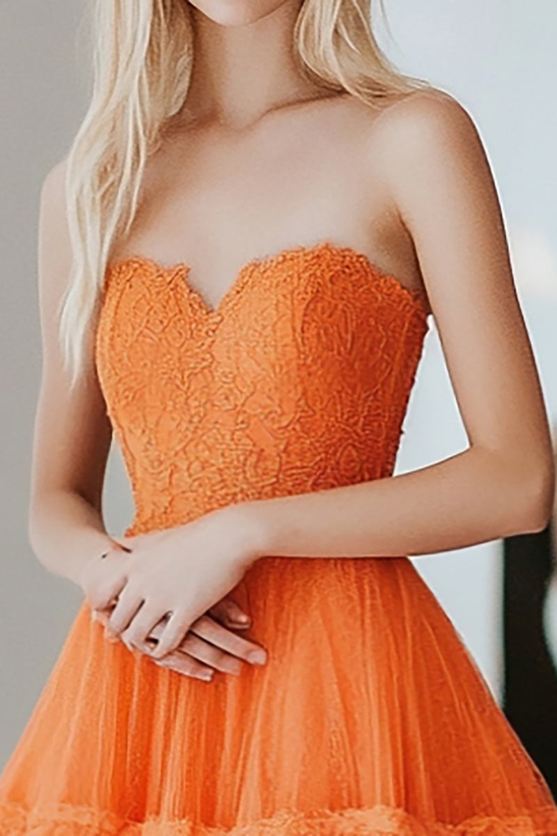 Load image into Gallery viewer, A Line Lace Orange Sweetheart Tiered Long Prom Dress