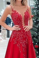 Load image into Gallery viewer, Floral Red Sparkly Satin V-Neck Long Prom Dress