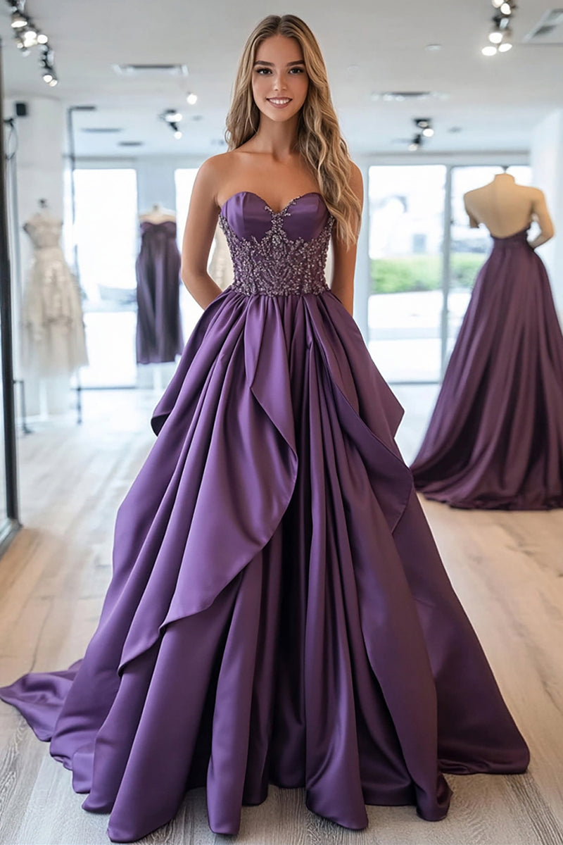 Load image into Gallery viewer, Princess Plum Sweetheart Ball Gown Prom Dress with Beading