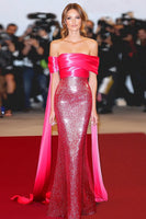 Load image into Gallery viewer, Fuchsia Off the Shoulder Sheath Sequins Red Carpet Dress with Cape