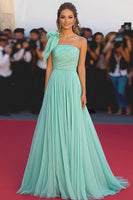 Load image into Gallery viewer, One Shoulder Mint A Line Ruched Long Formal Dress