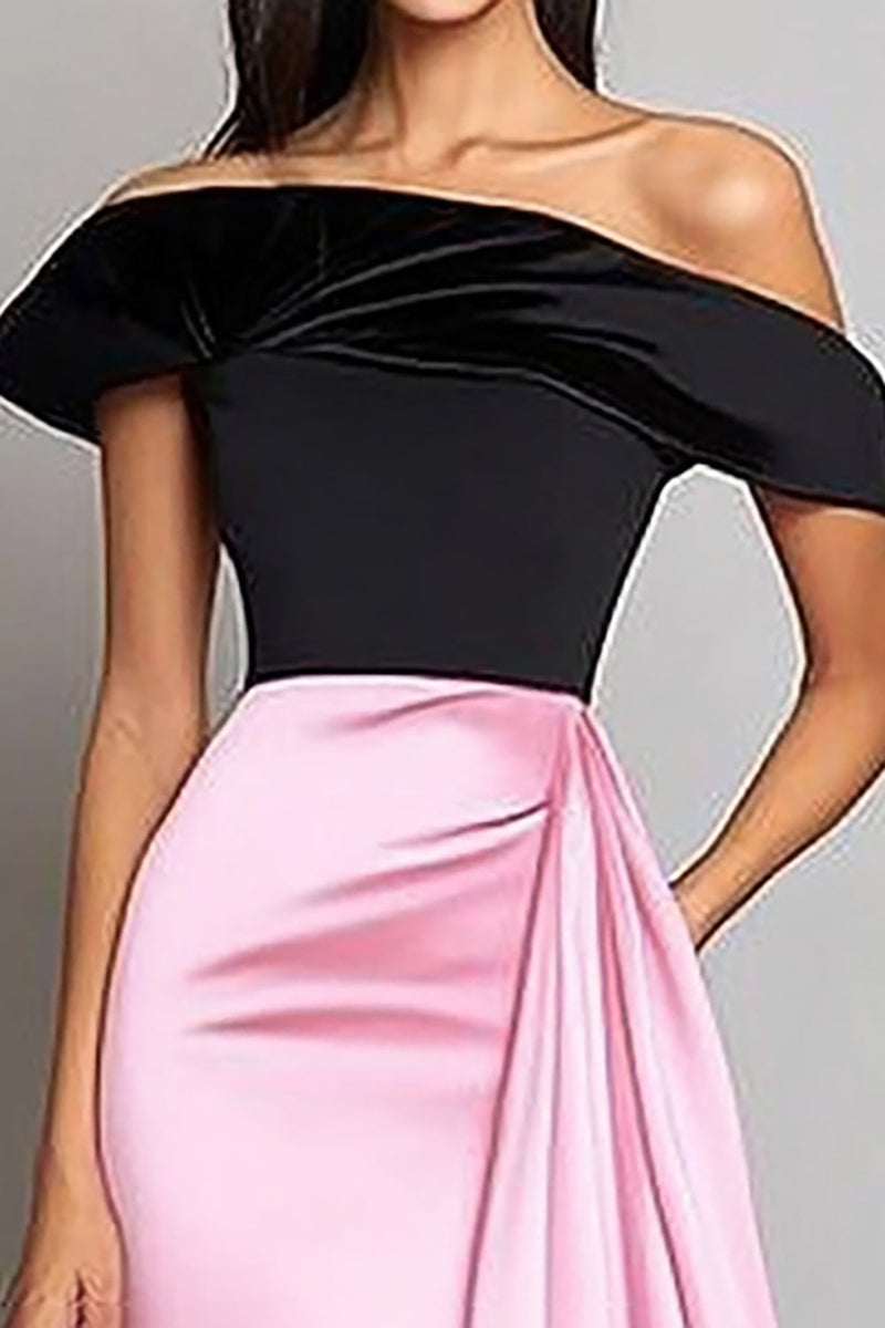 Queendancer Women Black Pink Satin A Line Gala Dress with Side Cape Off