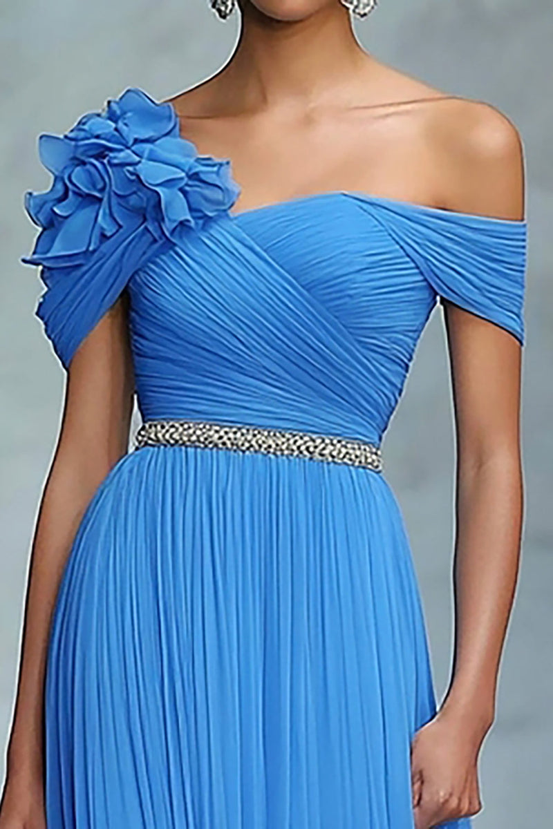 Queendancer Women Blue A Line Chiffon Pleated Gala Dress Off the