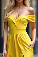 Load image into Gallery viewer, Off the Shoulder Yellow Long Satin Prom Dress with Slit