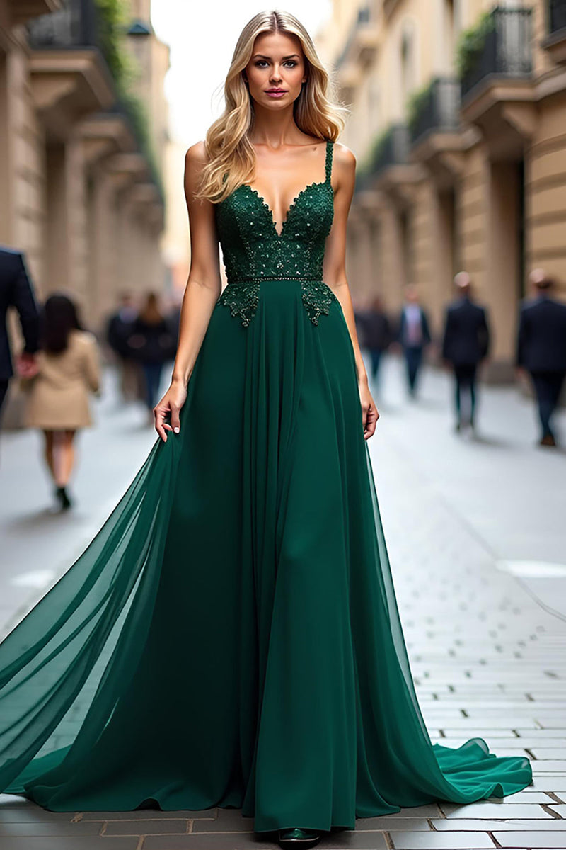 Dark Green Tulle with Lace Deep Neckline Backless Prom Dress, Dark Green Party Dress main image 1