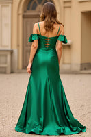 Load image into Gallery viewer, Dark Green Sheath Spaghetti Straps Long Satin Prom Dress with Slit