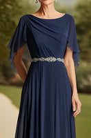 Load image into Gallery viewer, Navy Cape Scoop Neck A Line Long Mother of the Bride Dress