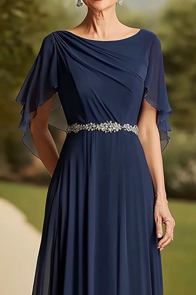 Load image into Gallery viewer, Navy Cape Scoop Neck A Line Long Mother of the Bride Dress