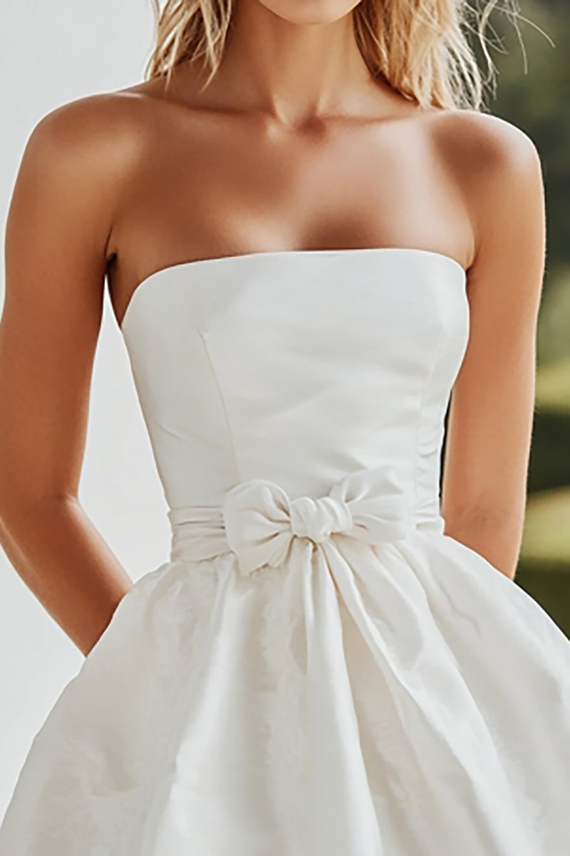 Load image into Gallery viewer, White Strapless A Line Graduation Dress with Bowknot
