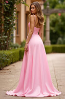 Load image into Gallery viewer, Pink Ruched A Line Long Prom Dress with Slit