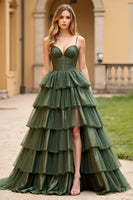 Load image into Gallery viewer, Ball Gown Olive Tiered Long Tulle Prom Dress with Slit