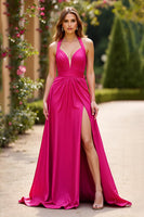 Load image into Gallery viewer, Fuchsia Deep V-Neck A Line Long Prom Dress with Slit
