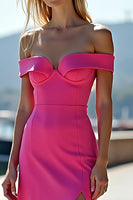 Load image into Gallery viewer, Fuchsia Off the Shoulder Sheath Long Satin Prom Dress with Slit