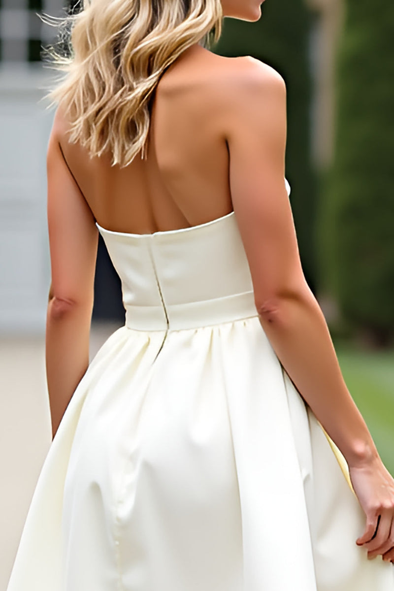Load image into Gallery viewer, Ivory Sweetheart Ruched Short Little White Dress with Bowknot