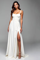 Load image into Gallery viewer, White Backless Ruched Long Rehearsal Dinner Dress with Slit