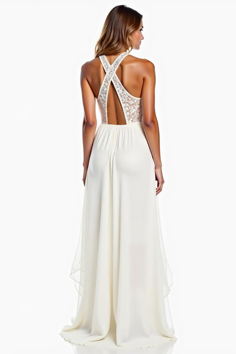 Load image into Gallery viewer, Halter Neck White A Line High-Low Rehearsal Dinner Dress