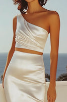 Load image into Gallery viewer, Ivory 2 Piece One Shoulder Sheath Graduation Dress with Slit