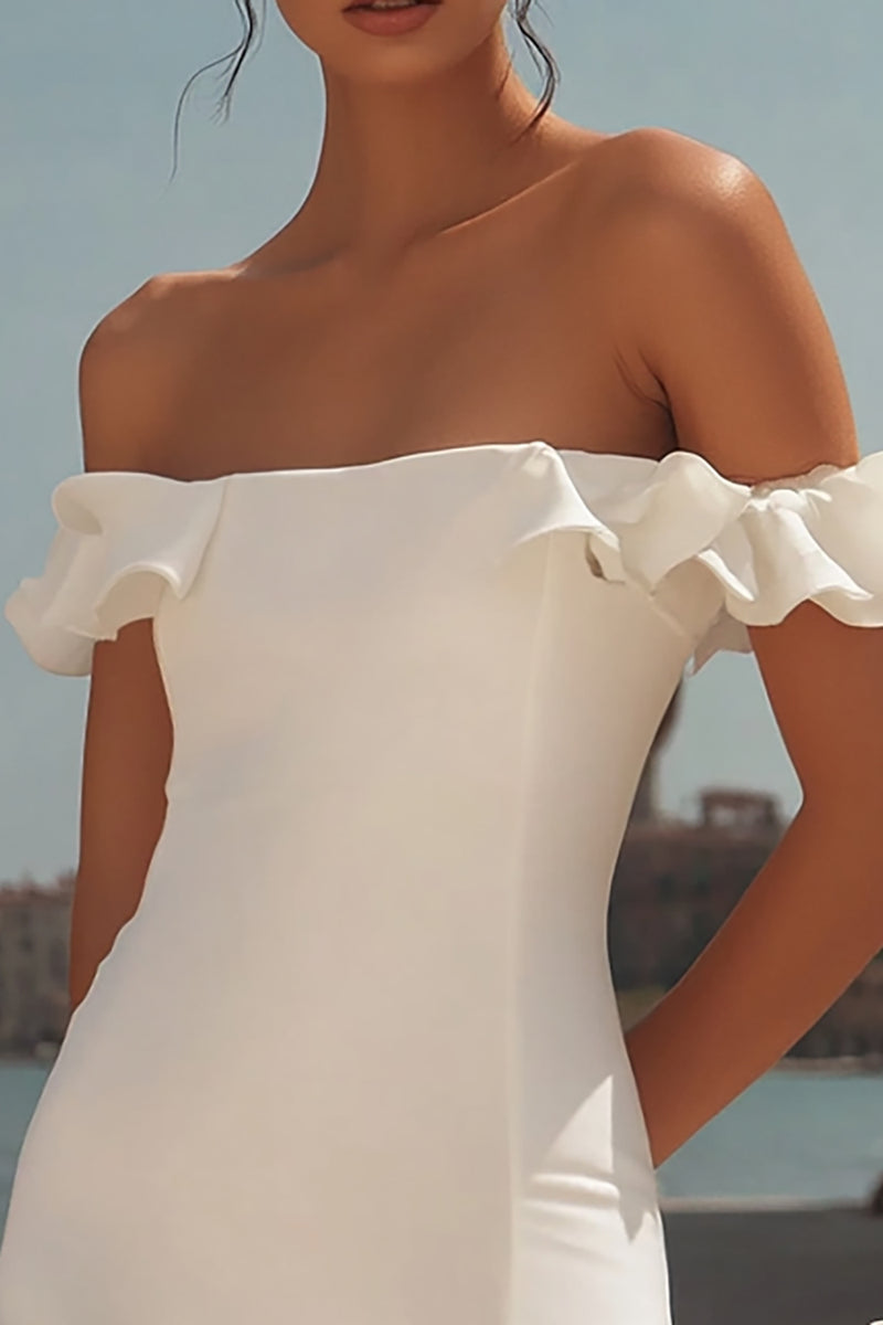 Load image into Gallery viewer, White Bodycon Off the Shoulder Satin Mini Graduation Dress with Ruffles