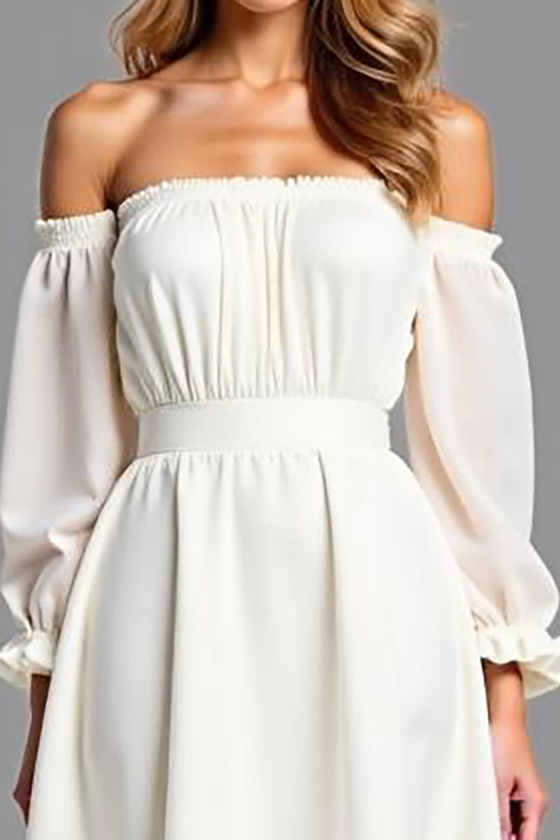Queendancer Women White Off the Shoulder Chiffon Graduation Dress