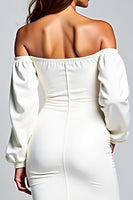 Load image into Gallery viewer, White Off the Shoulder Satin Knee Length Graduation Dress