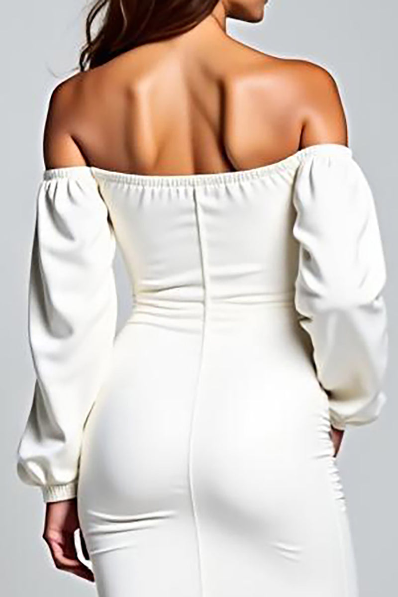 Load image into Gallery viewer, White Off the Shoulder Satin Knee Length Graduation Dress