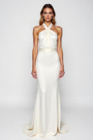 Load image into Gallery viewer, White Halter Mermaid Backless Long Rehearsal Dinner Dress