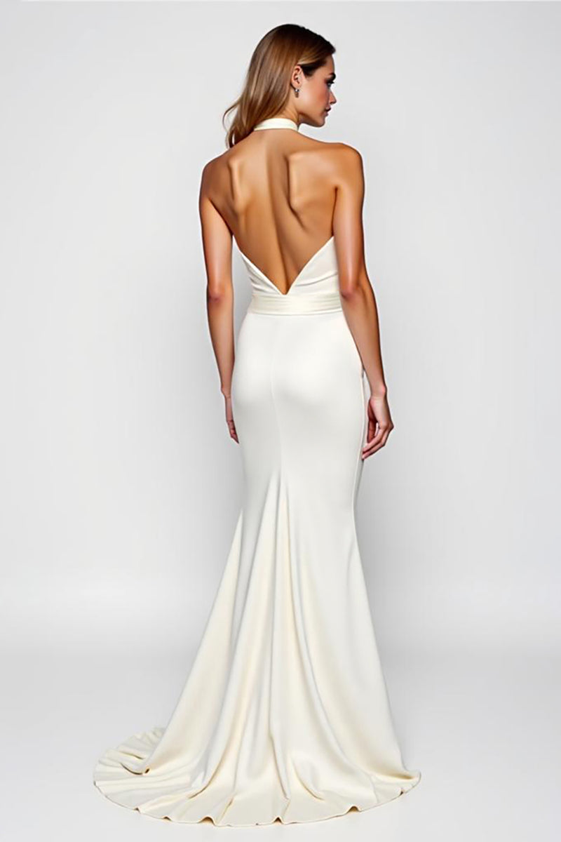 Load image into Gallery viewer, White Halter Mermaid Backless Long Rehearsal Dinner Dress