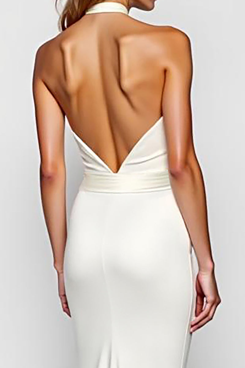 Load image into Gallery viewer, White Halter Mermaid Backless Long Rehearsal Dinner Dress