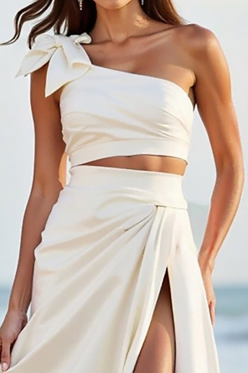 Queendancer Women White A Line Satin Long Graduation Dress with Slit
