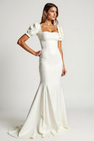 Load image into Gallery viewer, Ivory Square Neck Mermaid Crepe Long Rehearsal Dinner Dress with Puff Sleeves