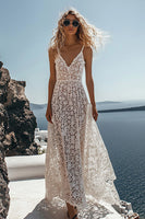 Load image into Gallery viewer, White A Line Long Graduation Dress Lace Deep V-Neck Spaghetti Straps Little White Dress