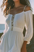 Load image into Gallery viewer, Boho White A Line Short Cold Shoulder Graduation Dress