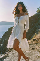 Load image into Gallery viewer, Boho White A Line Short Cold Shoulder Graduation Dress