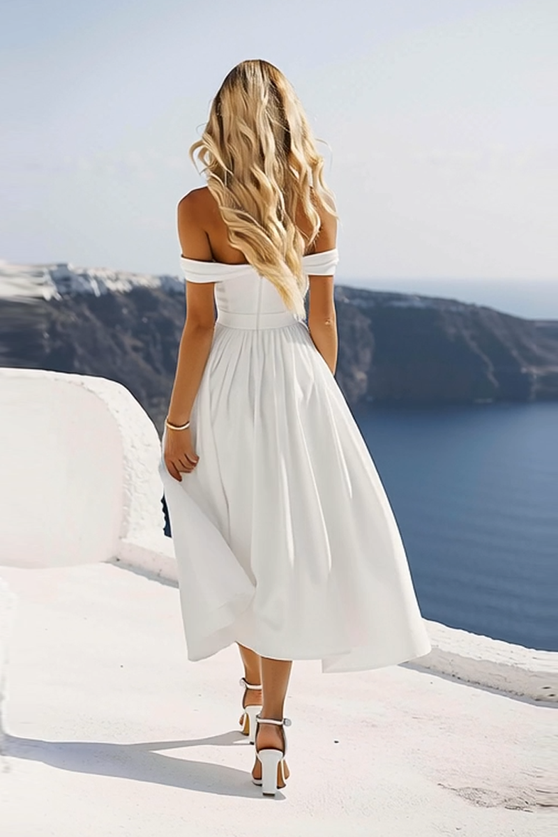 Load image into Gallery viewer, White Off the Shoulder A Line Chiffon Tea Length Graduation Dress