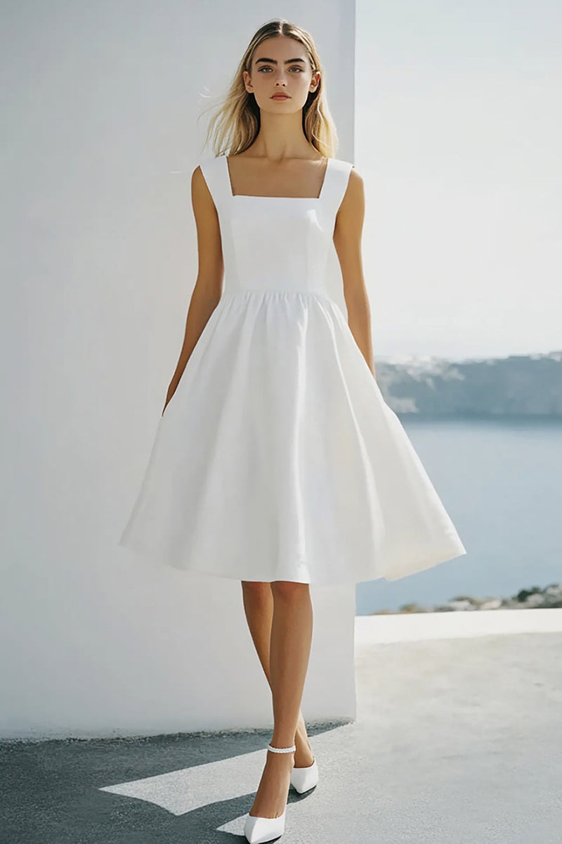 Load image into Gallery viewer, White A Line Square Neck Chiffon Graduation Dress