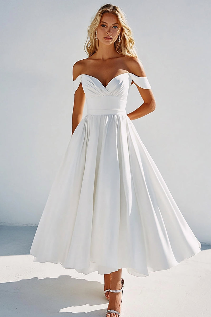 Load image into Gallery viewer, A Line Long White Off the Shoulder Graduation Dress