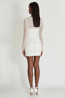 Sparkly White Short Graduation Dress with Long Sleeves