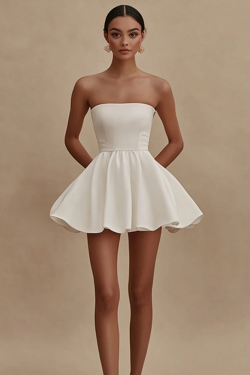 Load image into Gallery viewer, White Strapless A Line Mini Graduation Dress